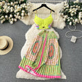 European and american retro court style printed set: women's short french bandeau camisole top + high-waisted pleated midi skirt