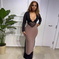 European and american cross-border women's fashion:  early autumn new lace long sleeve sexy deep v-neck patchwork bodycon maxi dress