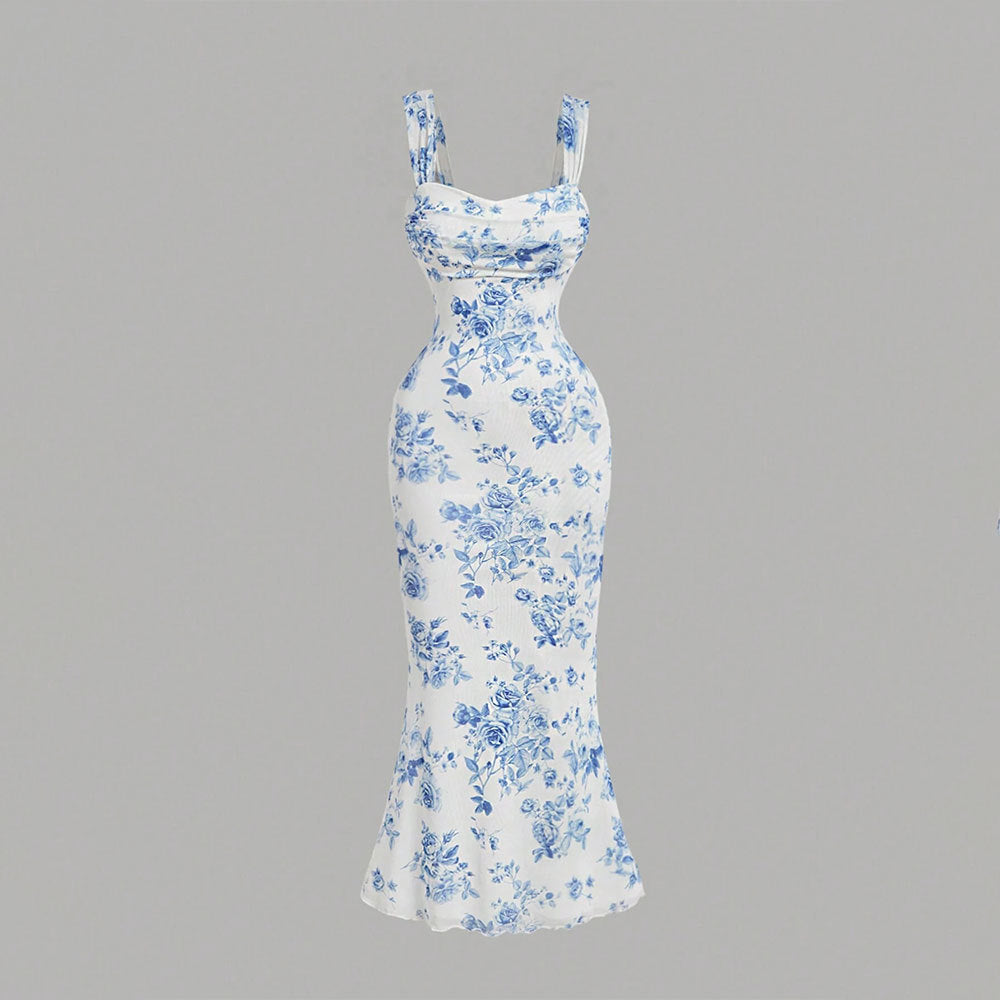 New arrival cross-border export summer women's clothing blue and white porcelain printing hip-covering sexydressbacklesstube top suspender mermaid dress