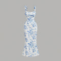 New arrival cross-border export summer women's clothing blue and white porcelain printing hip-covering sexydressbacklesstube top suspender mermaid dress