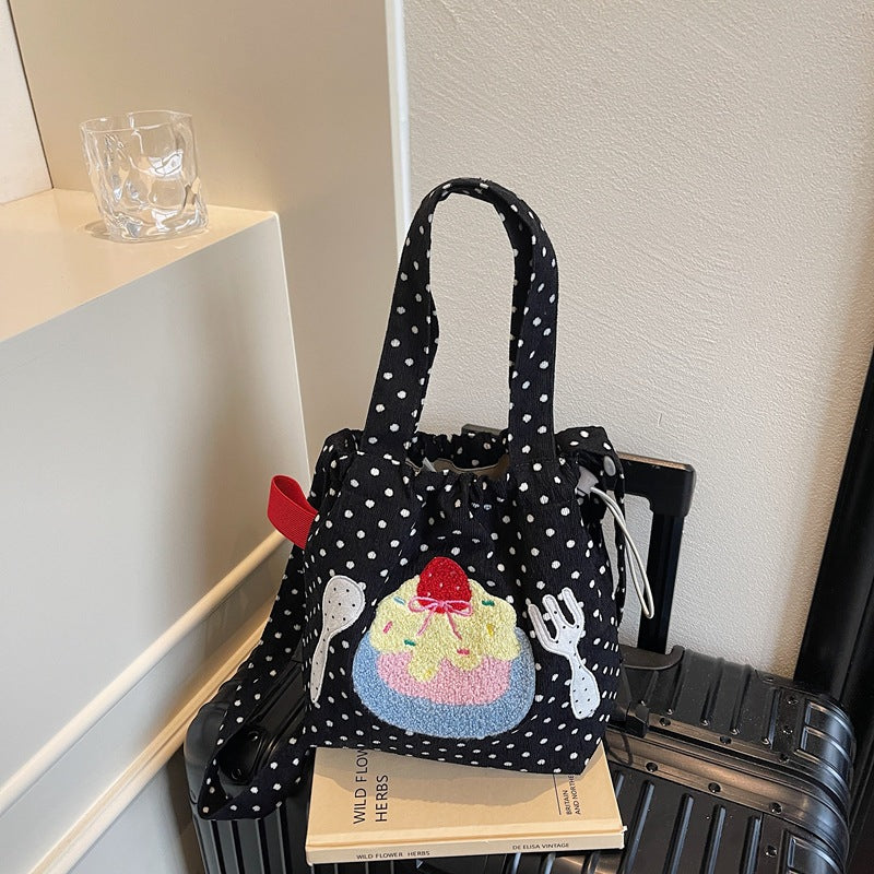 Cross-border cartoon canvas bag women's new drawstring messenger bag simple portable cloth bag bucket bag lightweight shoulder bag