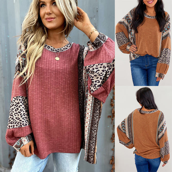 2025 autumn and winter   European beautiful women's casual shirt contrasting stripes round neck bag sleeves loose sweater women