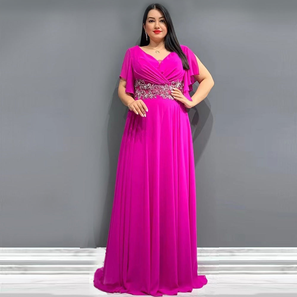 Fashion cross-border independent plus size women's pure color v-neck long skirt dress banquet large swing dress evening dress elegance