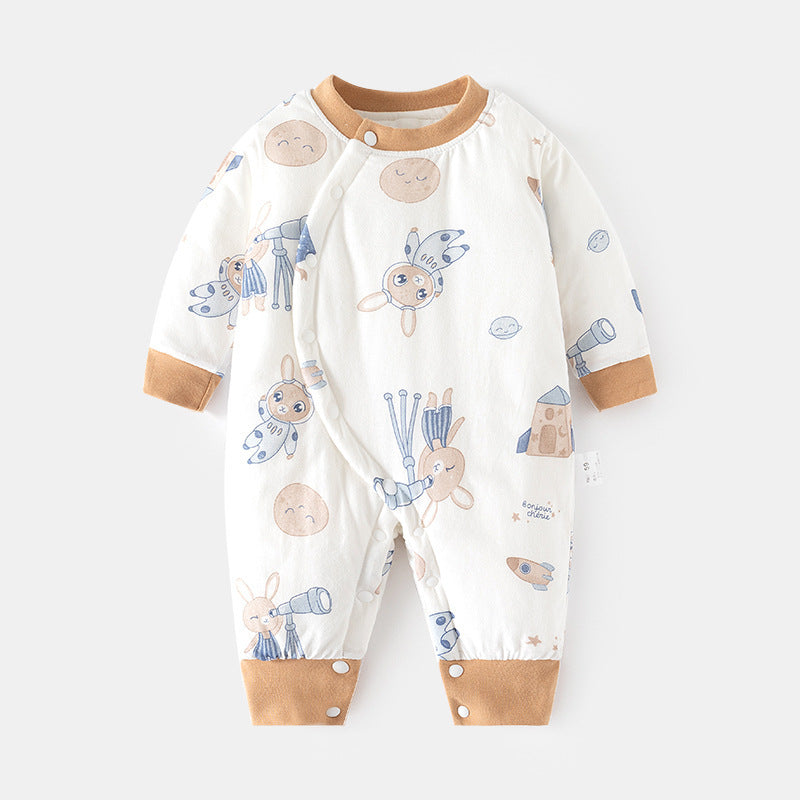 Babibele cotton jumpsuit for infants and young children 120g quilted fall and winter boneless khaki thin cotton thickened partial placket romper
