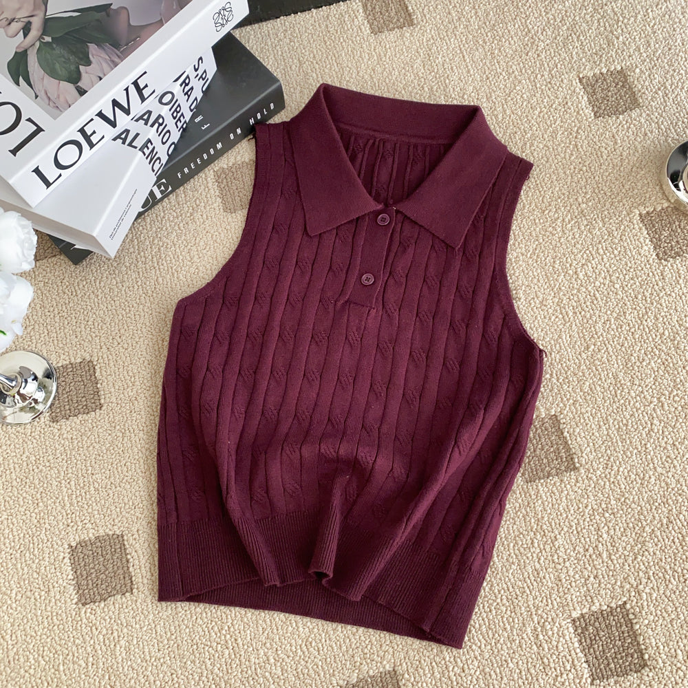 Korean chic summer french style sleeveless knit polo top - slim fit, versatile solid color tank top