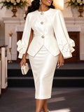 Church style shawl sleeve dress suit elegancebows decorated satin single breasted slit two-piece set