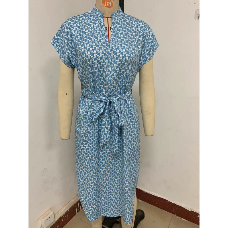 cross-border all-over print batwing sleeve drawstring dress