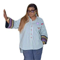 European and american cross-border women's clothing:  summer new arrivals - fashionable, designer, unique, turn-down collar, loose fit, plus size striped shirt