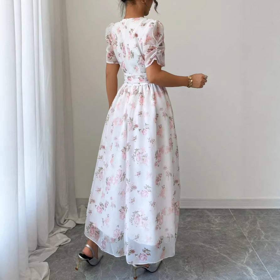 new european and american style bubble sleeve floral print v-neck midi dress