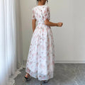 new european and american style bubble sleeve floral print v-neck midi dress