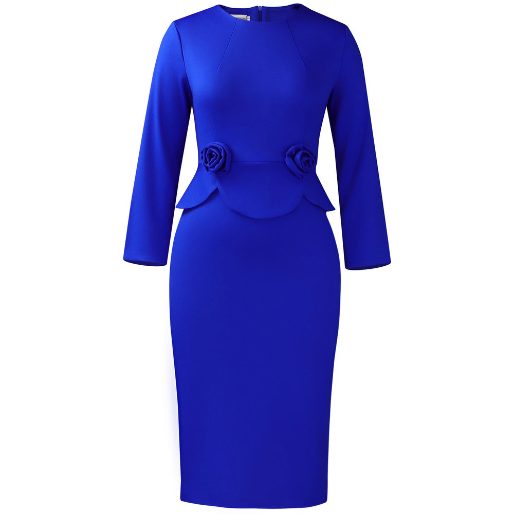 C8642 women's foreign trade dress,  autumn/winter new collection, fashionable round neck long sleeve solid color 3d floral european and american style dress
