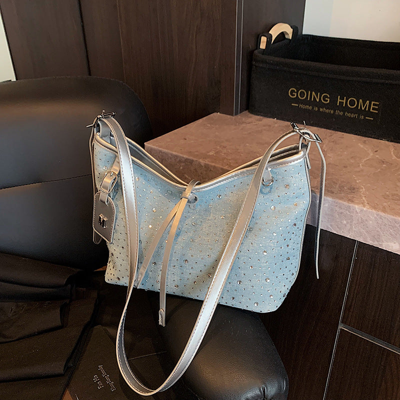 Cross-border explosion 2025 denim hot diamond simple and fashionable high-end texture foreign gas tote bag large-capacity student backpack