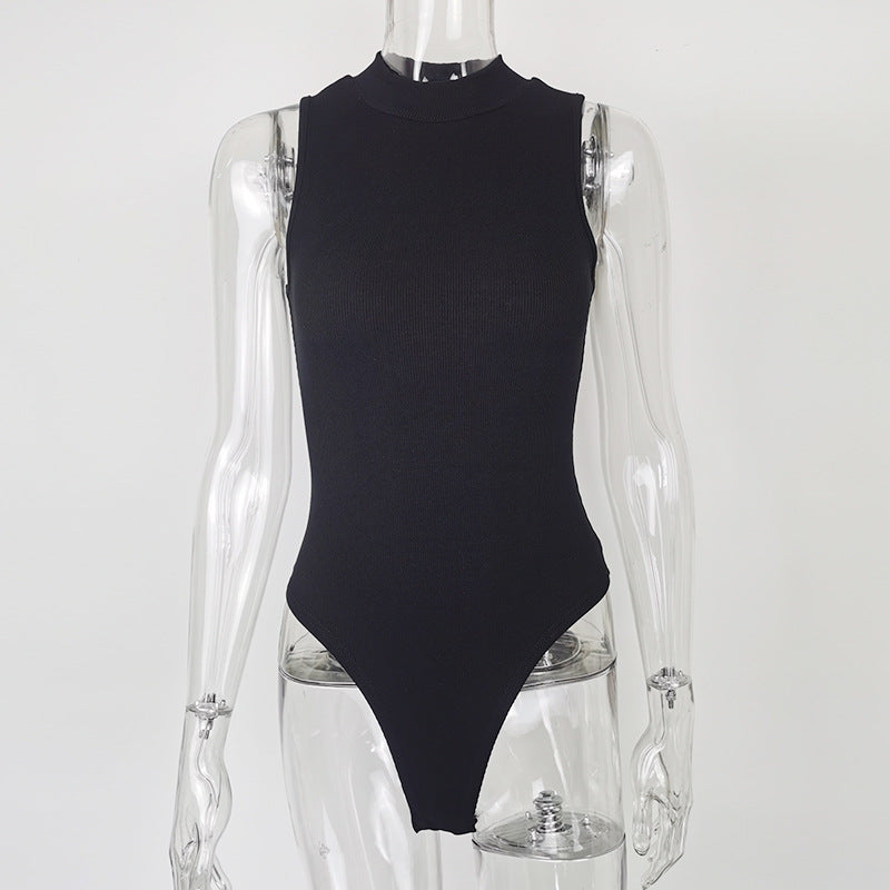 2025 Europe, America and summer  new women's clothing, sexy slim-fitting cotton threaded semi-turtleneck sleeveless vest onesie