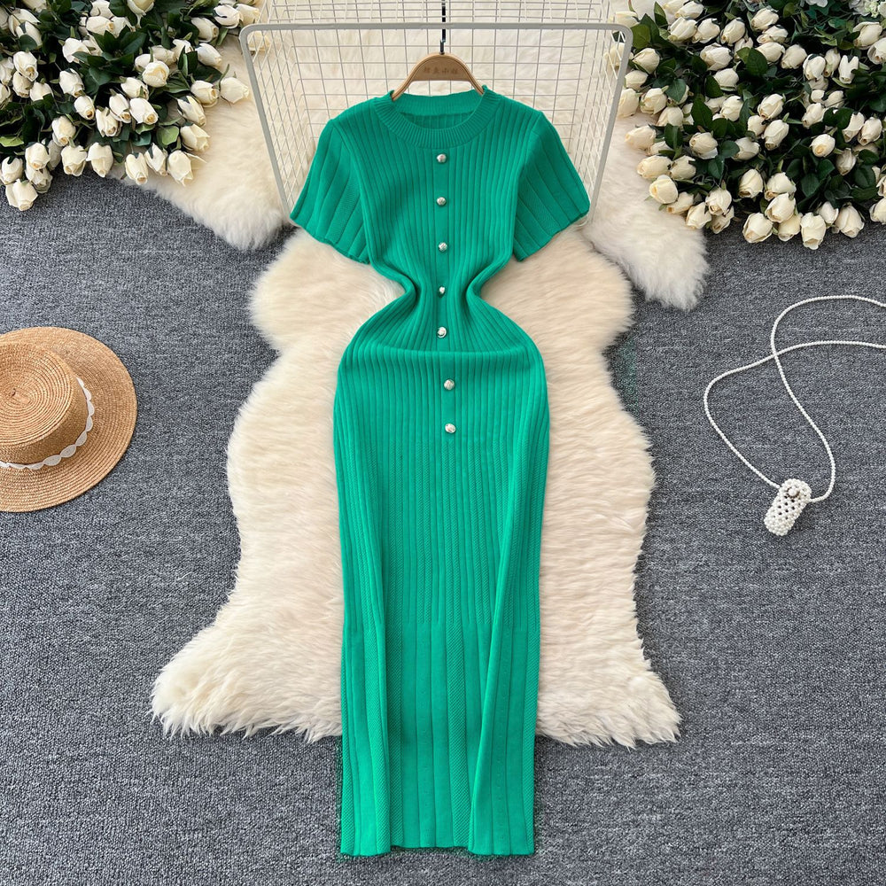 Elegant knittingnew arrivalclassy round neck single breasted short sleeve silmslimming lookfrench mid-length dress