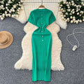 Elegant knittingnew arrivalclassy round neck single breasted short sleeve silmslimming lookfrench mid-length dress