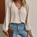 cross-border fashion raglan sleeve tie-front v-neck casual comfortable loose fit long sleeve top/blouse