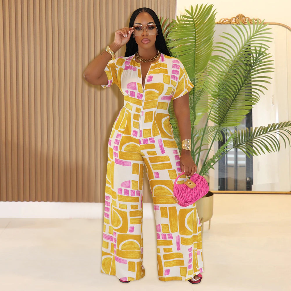 C7468 cross-border   fashion women's summer casual printed short-sleeve jumpsuit