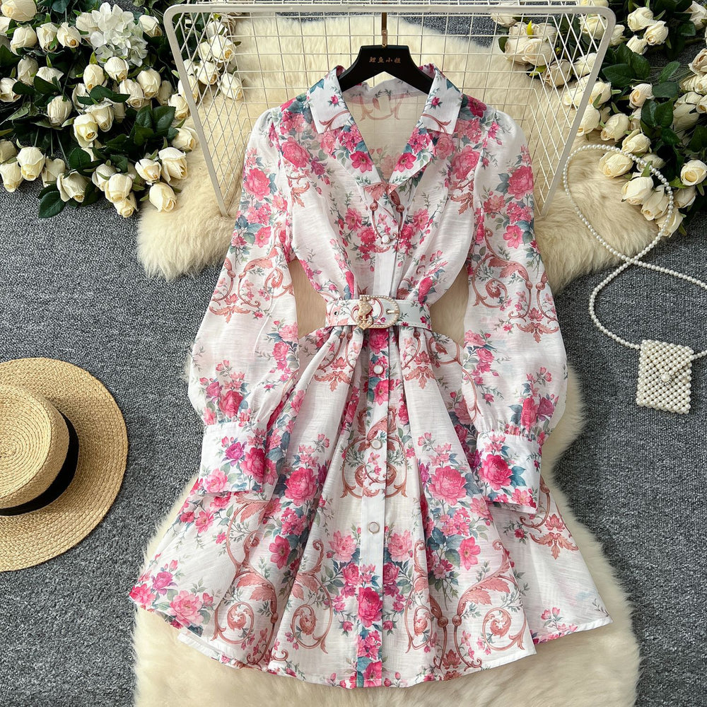 European and american style high-end blazer collar tie-waist printed dress - women's elegant french-inspired formal mini dress