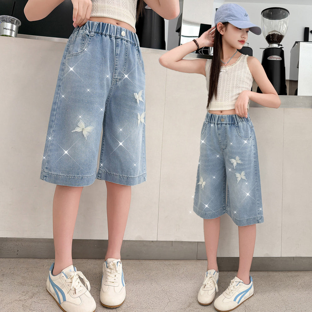 Girl hot diamond denim mid-pants summer style pants kids middle-aged and big kids shorts easiest for matchsummer thin half length pants