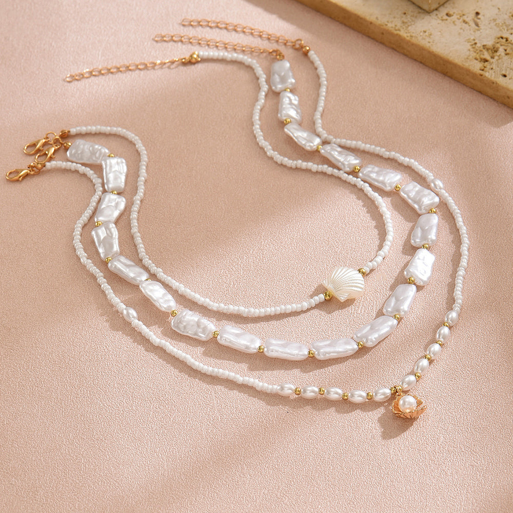 Bohemian beaded necklace wholesale - european & american cross-border style - women's light luxury, multi-layered, shell & pearl clavicle chain