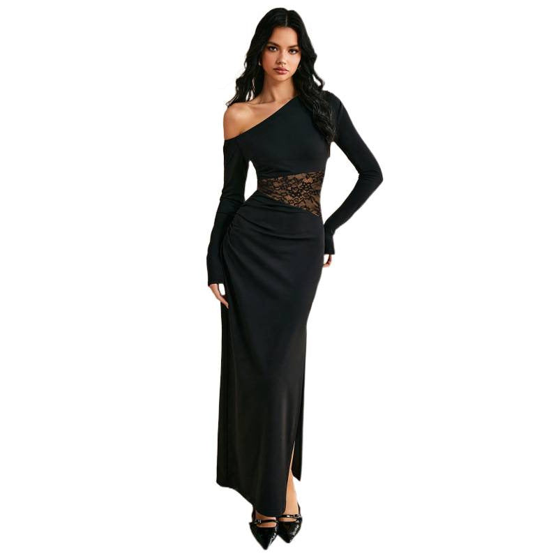 Real shot of export women's pure color oblique shoulder long sleeveslacepatchworkelegancelongdress