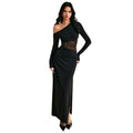 Real shot of export women's pure color oblique shoulder long sleeveslacepatchworkelegancelongdress