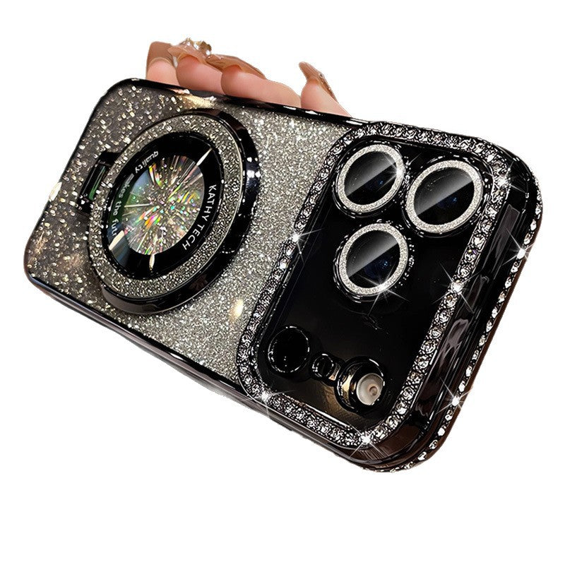 Magnetic stand suitable for iphone17 gradient glitter mobile phone case 16pro electroplated rhinestone 13 protective cover with diamonds