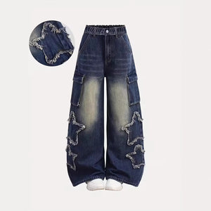 girls' spring/autumn denim pants: new styles for mid-to-large children, loose-fit casual straight-leg trousers, stylish and versatile wide-leg pants for kids