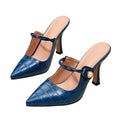 Blue crocodile-embossed pointed-toe mule heels with pearl buckle strap, stiletto sandals, fashionable vintage style, cross-border amazon