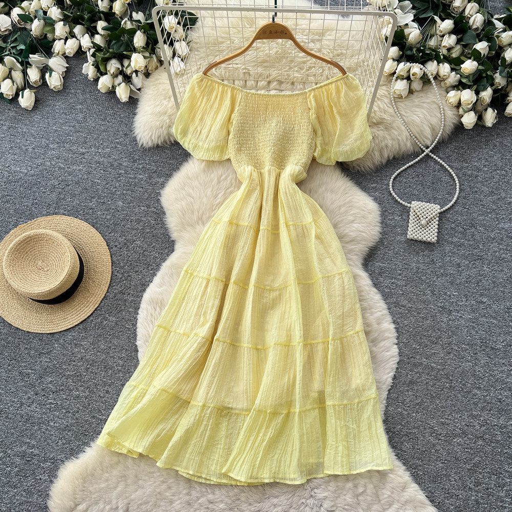 French chic off-the-shoulder bubble sleeve a-line dress - women's summer slimming, figure-flattering, elegant vacation maxi dress
