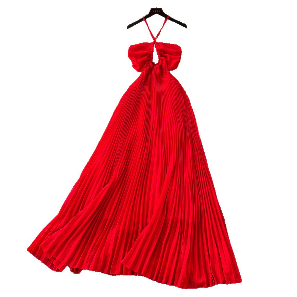 Beach vacation style ethereal flowy red beach dress women's french sweet halter sundress