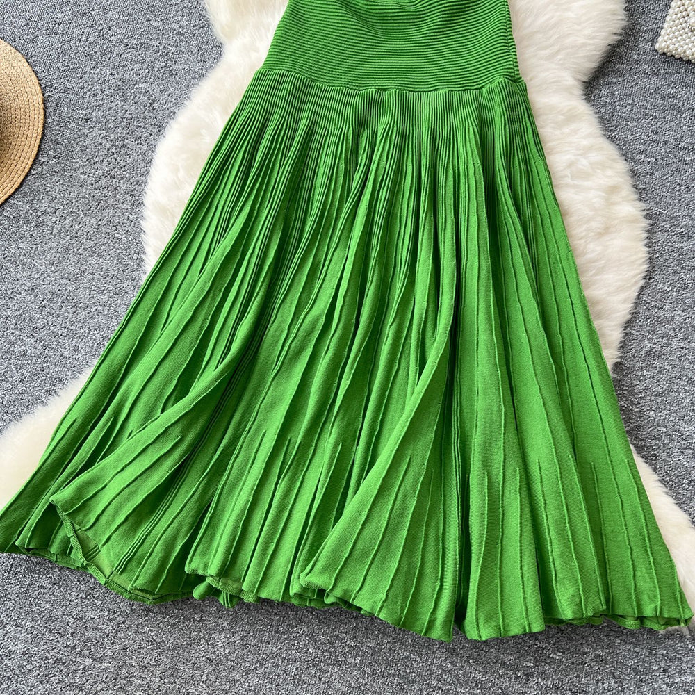 European and american light luxury socialite style sleeveless knitted dress - women's summer pleated patchwork slim fit elegant long dress