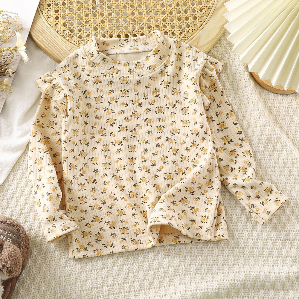 Girls' fall/winter floral print undershirt - girls' flutter sleeve autumn t-shirt - versatile trendy flutter sleeve undershirt for little girls
