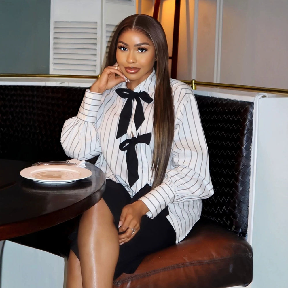 European and american cross-border women's fashion:  summer new arrivals - stylish, designer-inspired, bow-detailed, loose-fit striped long-sleeve shirt top