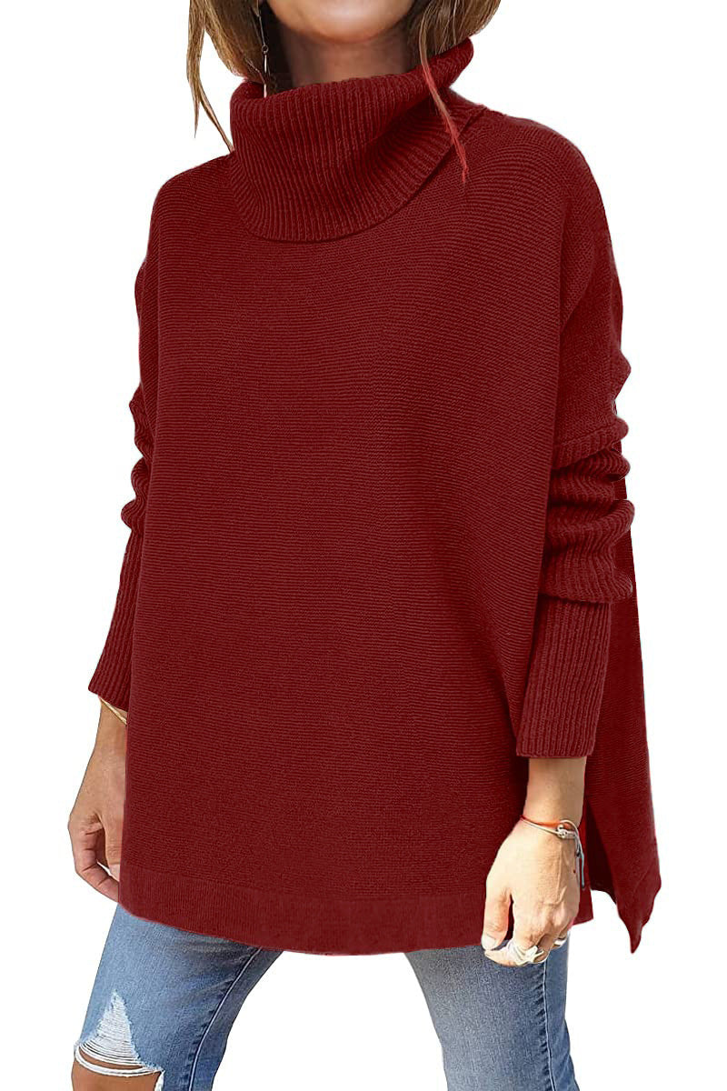 2022 amazon cross-border high neck sweater, mid-length batwing sleeve, cinched hem, pullover knit sweater for women