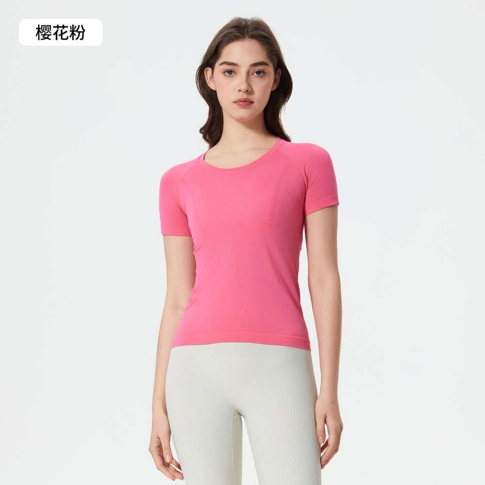 Summer seamless one-piece knit crew neck yoga top - slim fit, quick-dry, breathable running & workout short sleeve tee for women - d25073