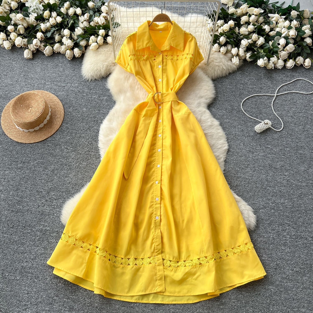 French chic elegant dress - women's  summer design: cutout detail, patchwork, turn-down collar, short sleeves, cinched waist, maxi length