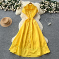 French chic elegant dress - women's  summer design: cutout detail, patchwork, turn-down collar, short sleeves, cinched waist, maxi length