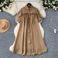 Lazy style dress women's korean style fashionsense of design lantern sleeves pleated single-breasted slimming lookloose shirt skirt