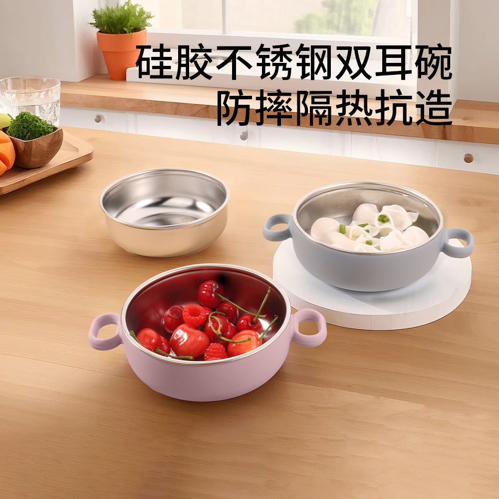 Children's silicone stainless steel 304 binaural bowl manufacturer's new baby silicone feeding tableware set complementary food bowl