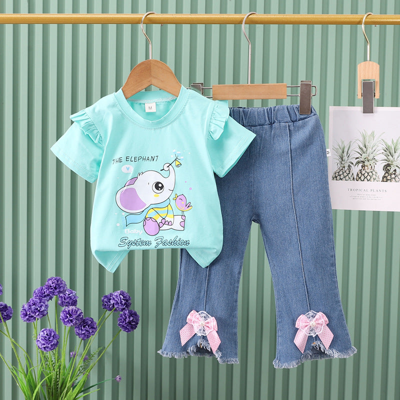 Direct from the factory! girls' summer two-piece set: pink cartoon tee + bowknot denim shorts. ready to ship!