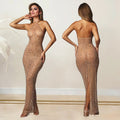 C7108 cross-border   fashion women's hotfix rhinestone bodycon sexy halter neck maxi dress