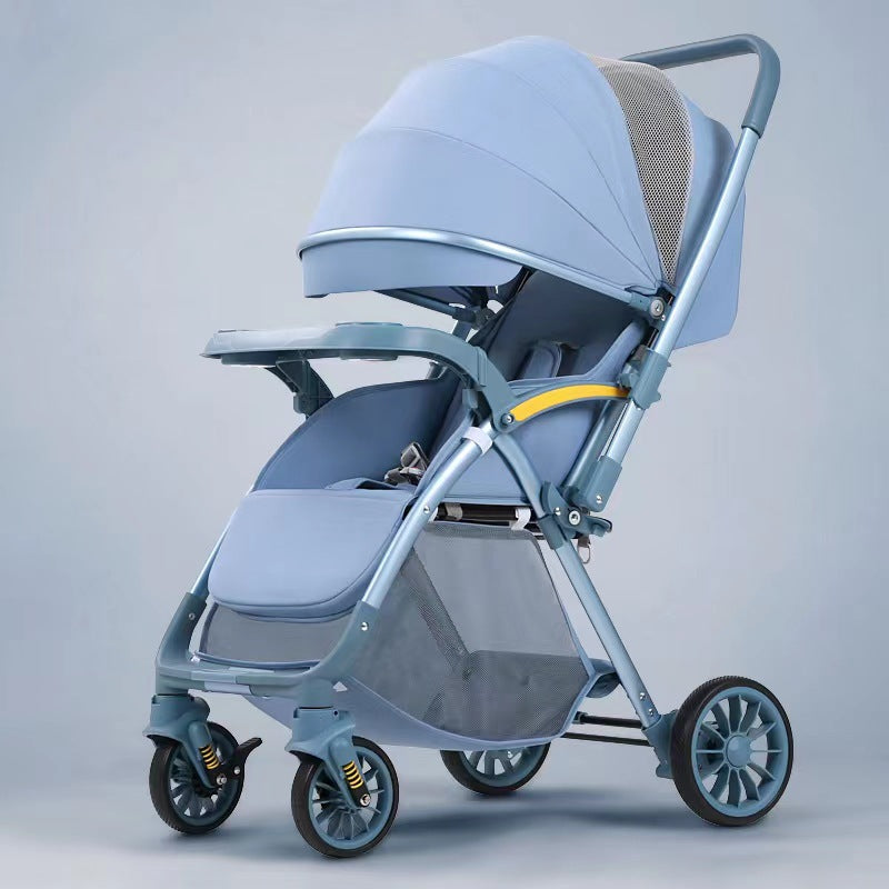 Lightweight, large-wheeled, foldable baby stroller. convertible from upright to reclined position. portable, high-view, four-wheel suspension stroller for ages 0-3 years