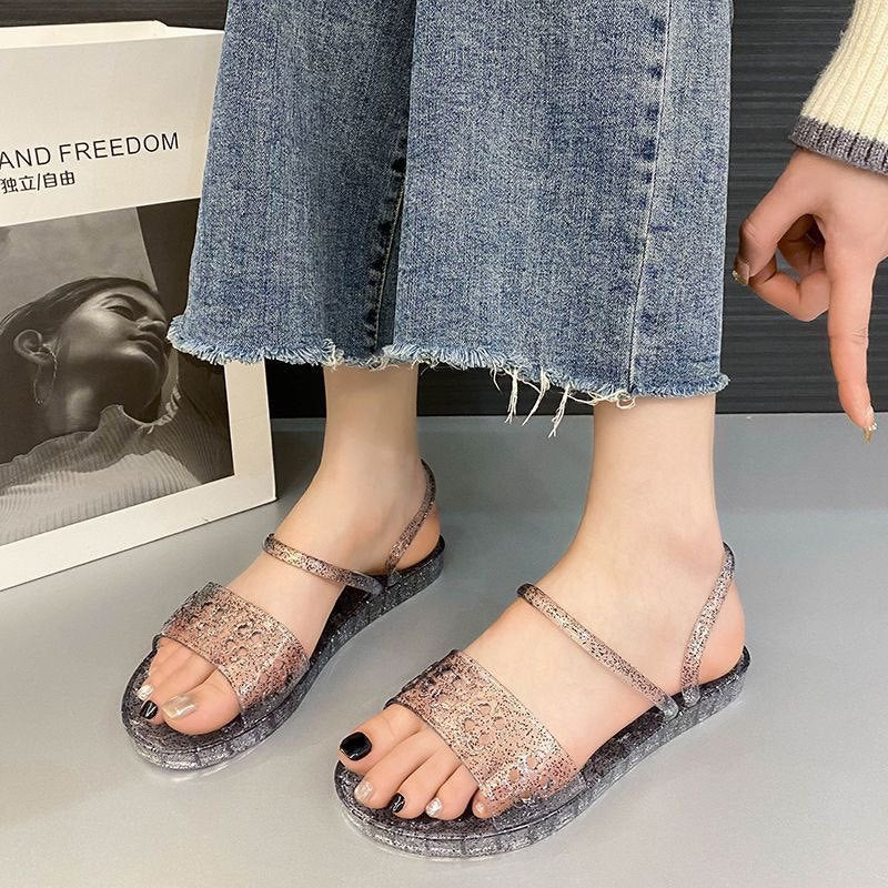 New two-wear crystal sandals women's flash diamond fashioncut out jelly shoes outwear non-slip soft bottom sandals beach shoes women