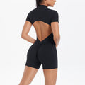 Large backless half open zipper short sleeve yoga jumpsuit dance fitness jumpsuit nude tight sports jumpsuit