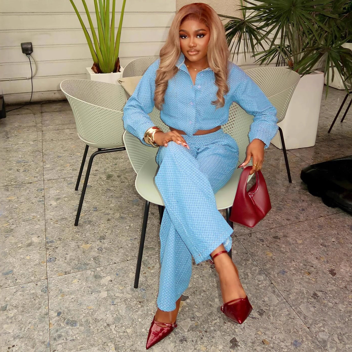 European and American large-size casual lapel collar long-sleeved polka dot cardigan shirt women's African new foreign-style high-waisted trousers two-piece set