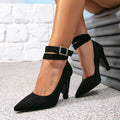 Women's black high heels fashion tie buckle shoes high heels pointed toe special heel high heels women's shoes mules