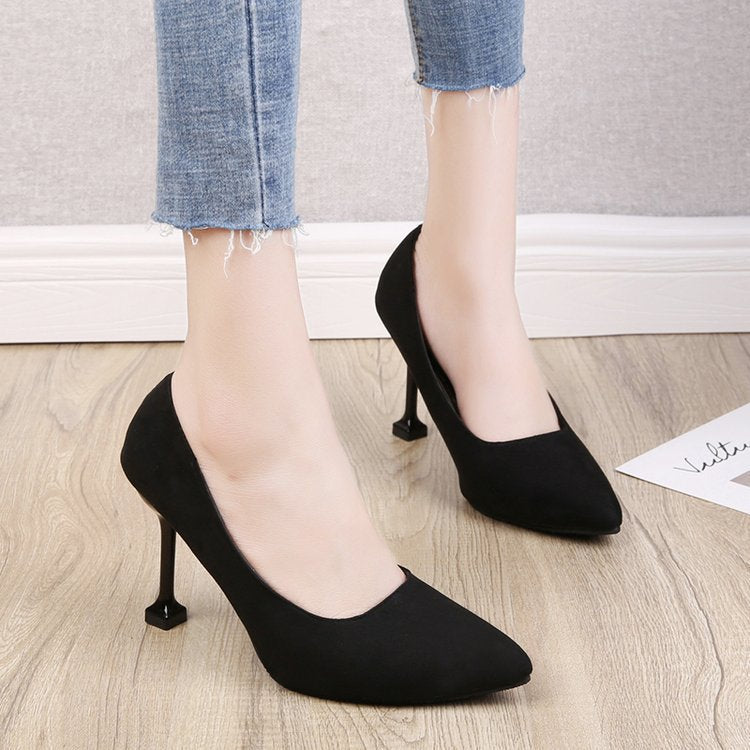 Women's suede black pointed-toe heels - professional ol work shoes, solid color stiletto mid-heel pumps