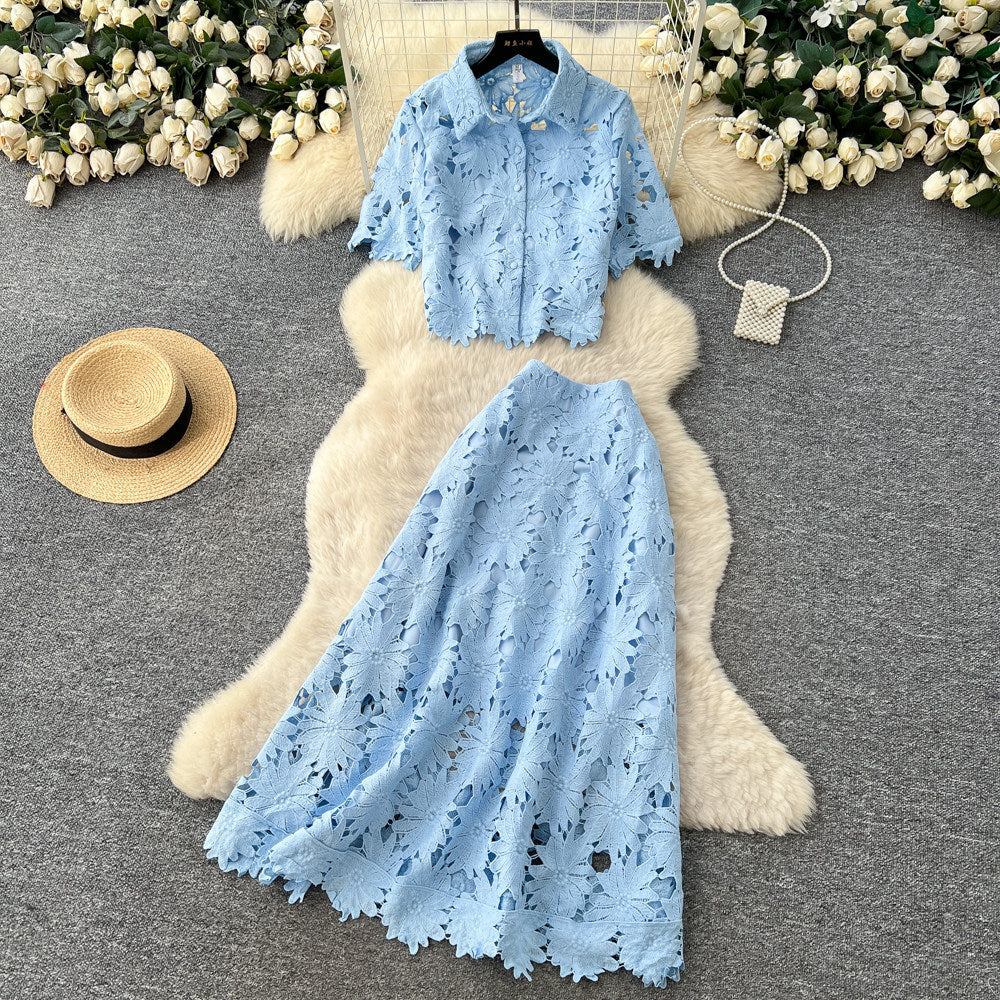 French chic cutout lace two-piece set: women's spring/autumn fashion commute outfit - short sleeve top & high-waisted midi skirt