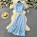 French chic cutout lace two-piece set: women's spring/autumn fashion commute outfit - short sleeve top & high-waisted midi skirt